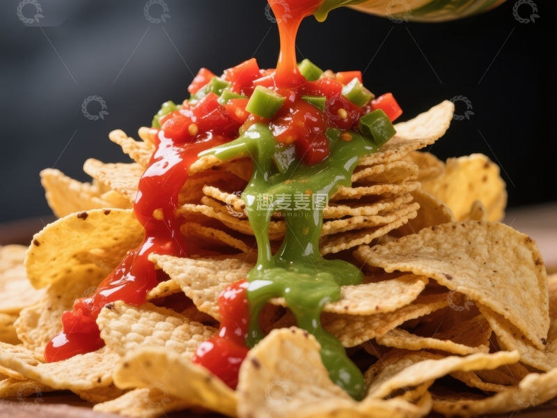 高清大图下载【趣麦麦图】色彩斑斓的酱料淋在脆薯片上