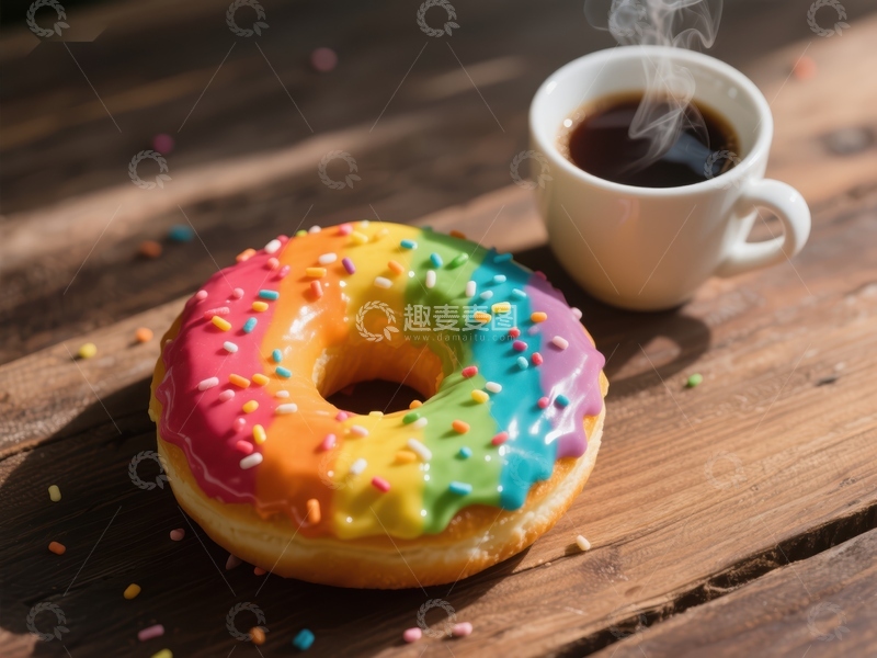 高清大图下载【趣麦麦图】彩虹甜甜圈与热咖啡