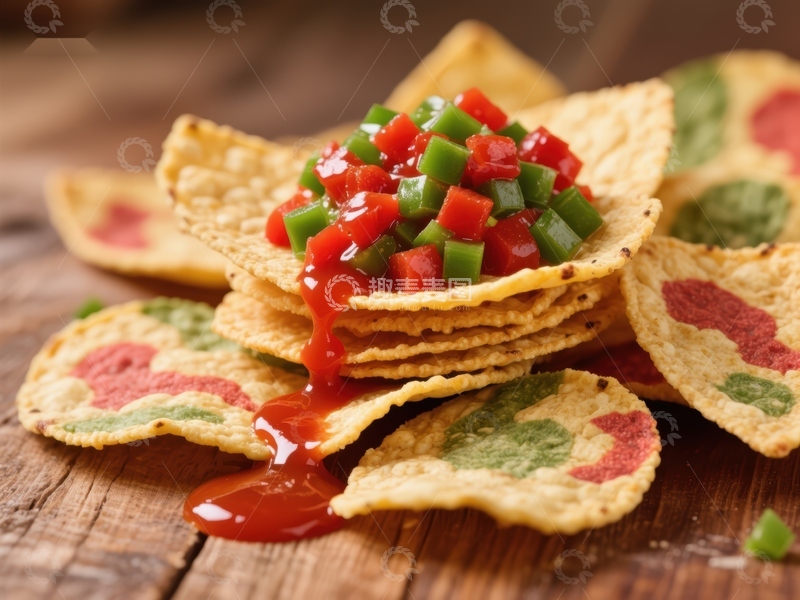 高清大图下载【趣麦麦图】色彩斑斓的玉米片配新鲜蔬菜沙酱