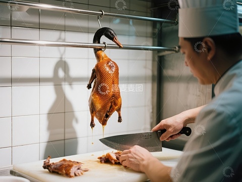 厨师切割烤鸭，挂鸭滴油