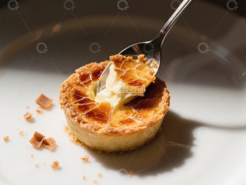 高清大图下载【趣麦麦图】奶油蛋挞，勺子舀起一口