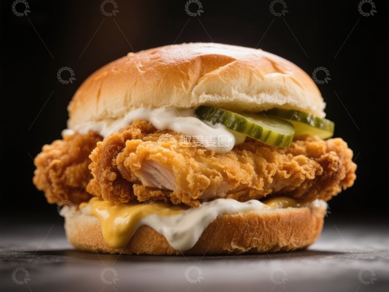 高清大图下载【趣麦麦图】酥脆炸鸡汉堡配酸黄瓜和酱料