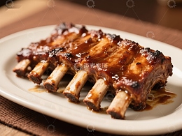 美味烤肋排，色泽诱人