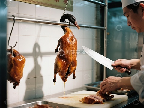厨师精心切制烤鸭