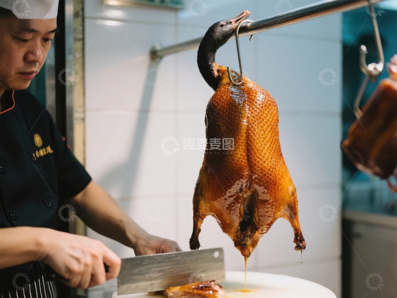 高清大图下载【趣麦麦图】厨师切割烤鸭，厨房场景