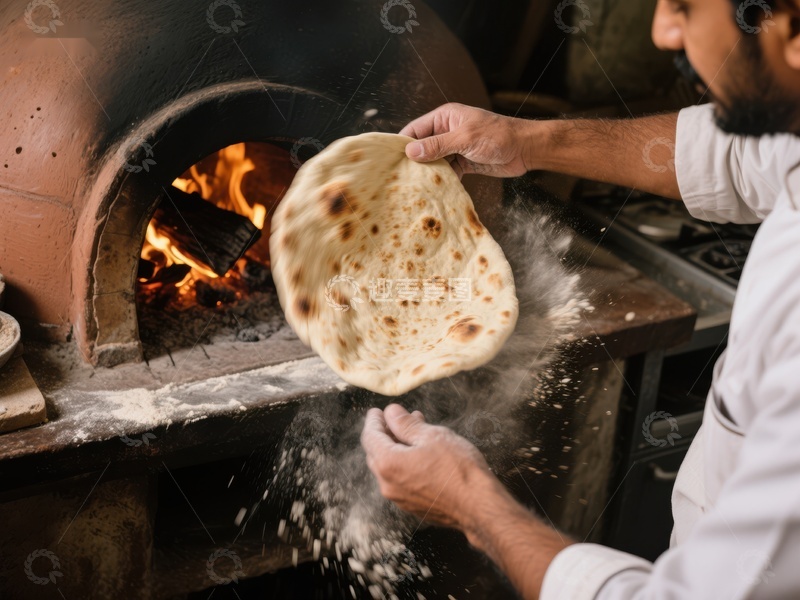 高清大图下载【趣麦麦图】厨师在传统烤炉前制作面饼