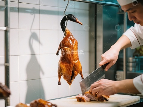 厨师切割悬挂的烤鸭