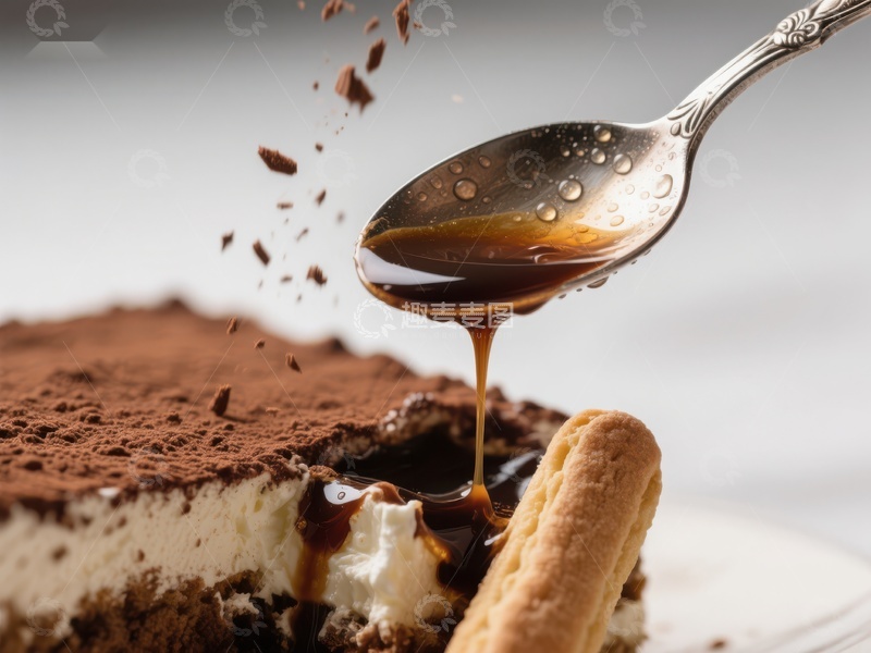 高清大图下载【趣麦麦图】巧克力酱淋在提拉米苏上