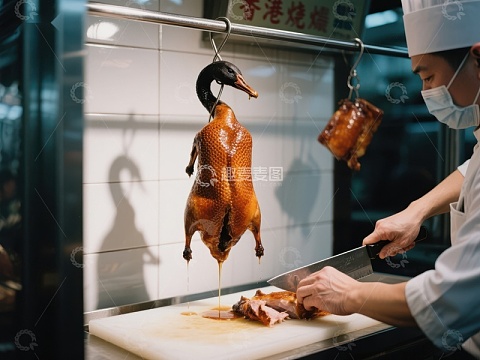 厨师切割烤鸭，传统美食制作