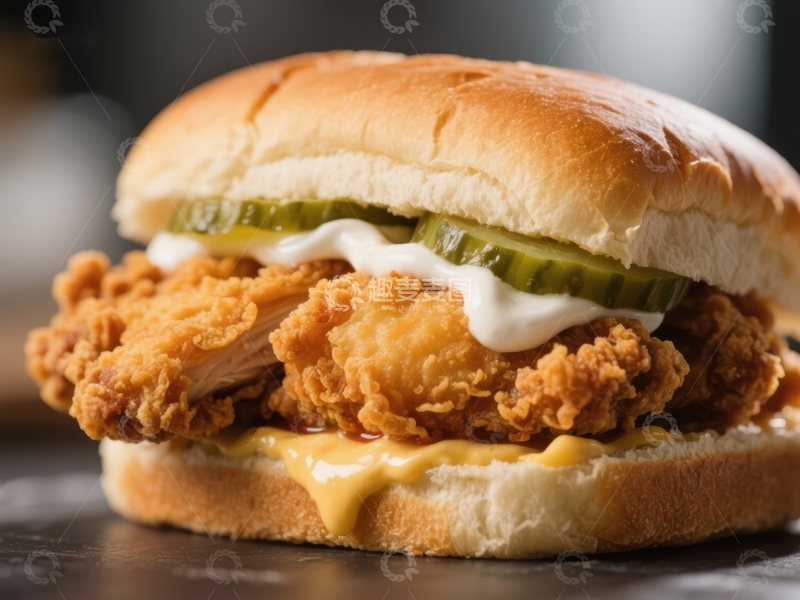 高清大图下载【趣麦麦图】酥脆炸鸡汉堡配酸黄瓜和奶酪