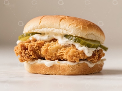 酥脆炸鸡三明治配酸黄瓜和酱料