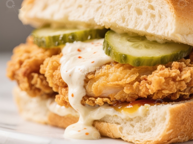 高清大图下载【趣麦麦图】酥脆炸鸡三明治配酸黄瓜和酱料