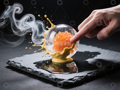 手触透明球，橙色颗粒与烟雾交织