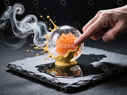 手触透明球，橙色颗粒与烟雾交织