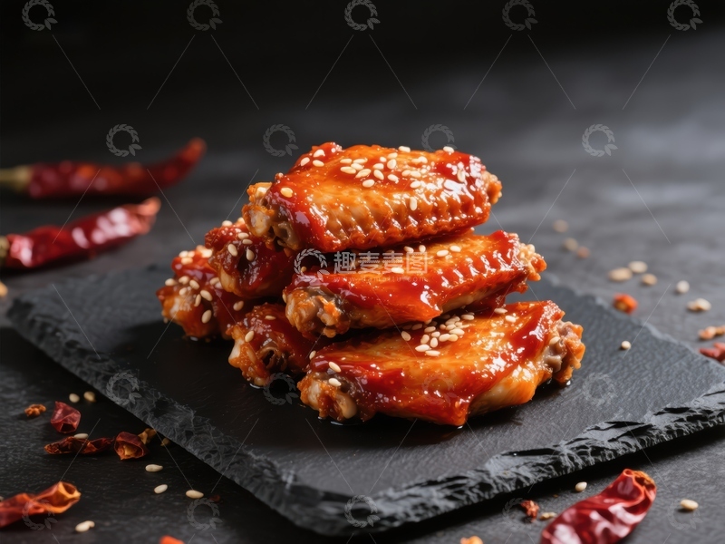 高清大图下载【趣麦麦图】香辣鸡翅堆叠在黑色石板上