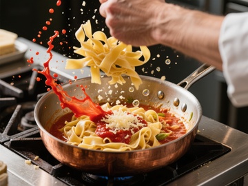 厨师抛洒意大利面入锅