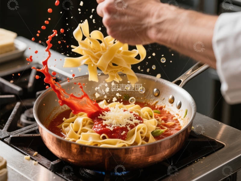 高清大图下载【趣麦麦图】厨师抛洒意大利面入锅
