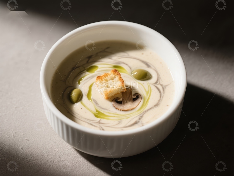 高清大图下载【趣麦麦图】奶油蘑菇汤配橄榄与面包丁