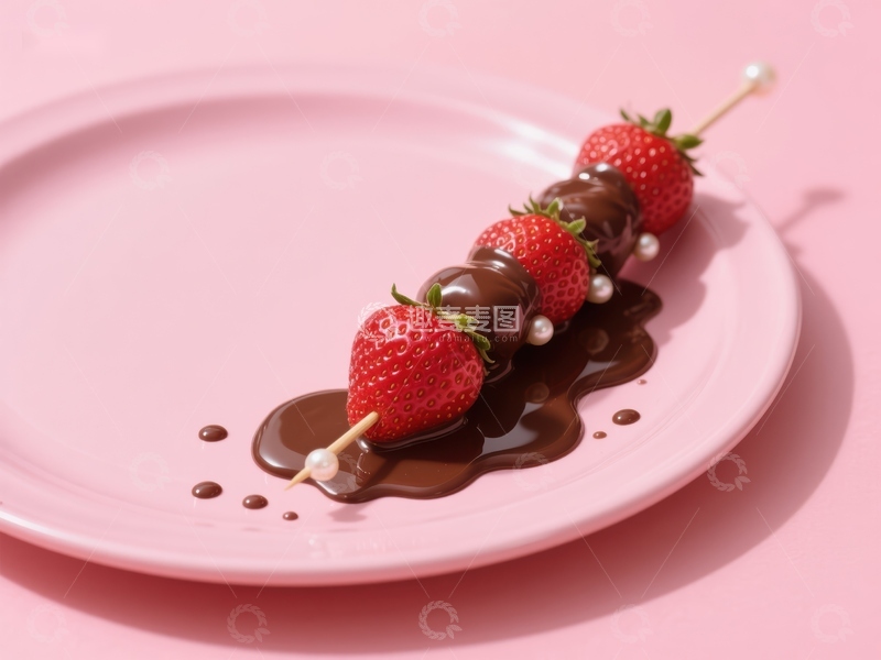 高清大图下载【趣麦麦图】巧克力草莓串，粉色盘上