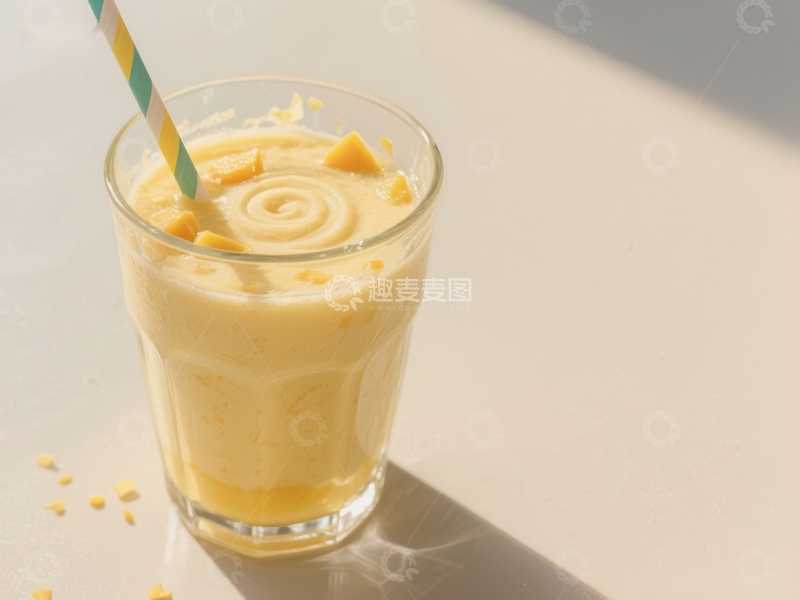 高清大图下载【趣麦麦图】芒果奶昔玻璃杯装，配彩色吸管