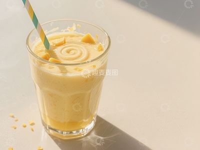 芒果奶昔玻璃杯装，配彩色吸管