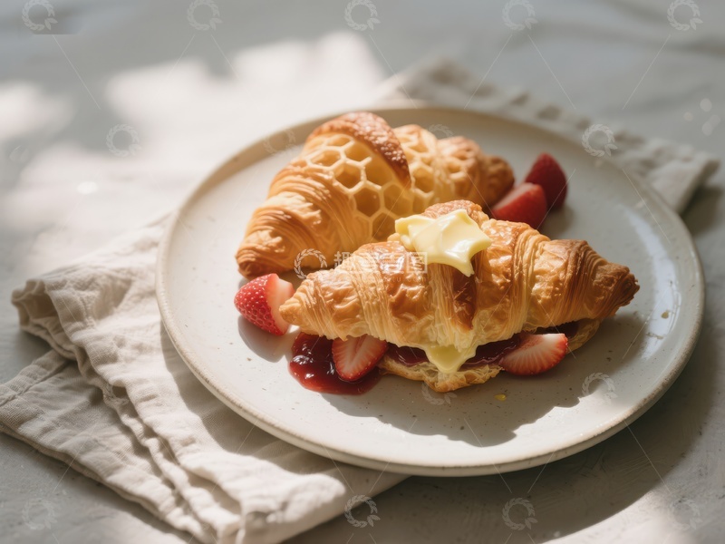 高清大图下载【趣麦麦图】奶油可颂配草莓，美味早餐