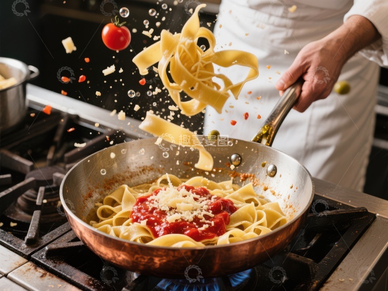 高清大图下载【趣麦麦图】厨师烹饪意大利面的瞬间