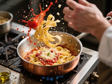 厨师烹饪意大利面的瞬间