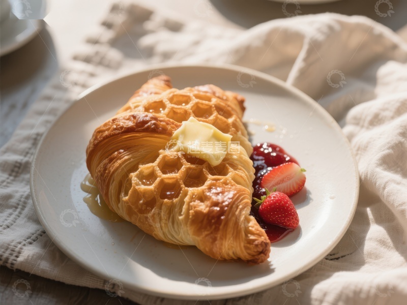 高清大图下载【趣麦麦图】酥脆羊角面包配草莓酱