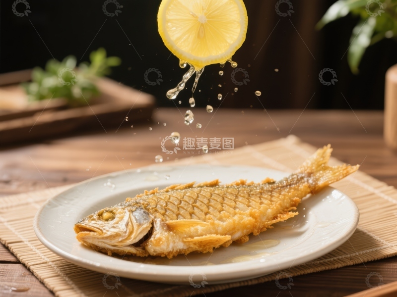 高清大图下载【趣麦麦图】柠檬汁滴落煎鱼，美味瞬间