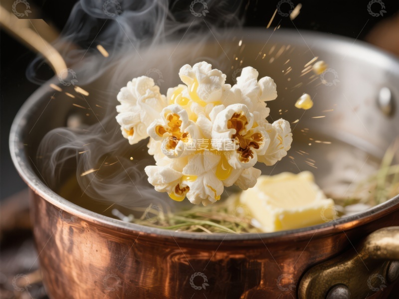 高清大图下载【趣麦麦图】铜锅中爆开的奶油爆米花