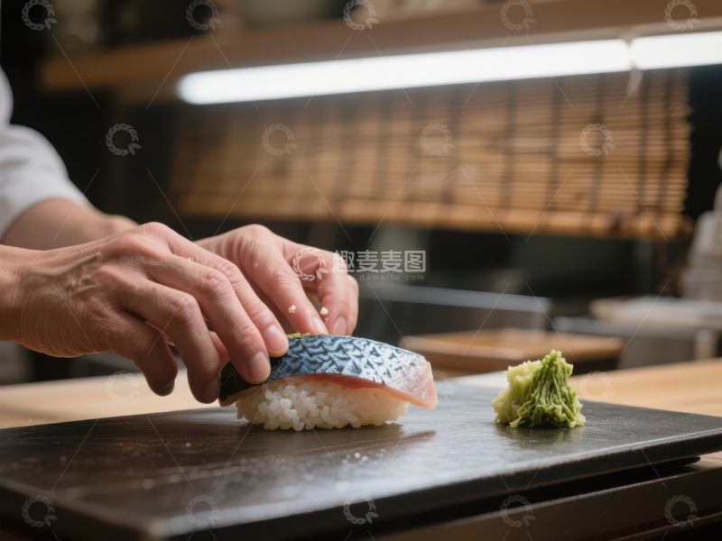 高清大图下载【趣麦麦图】-寿司制作：厨师精心摆放鱼片