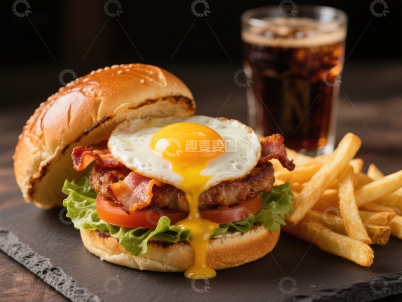 高清大图下载【趣麦麦图】培根芝士汉堡配煎蛋和薯条