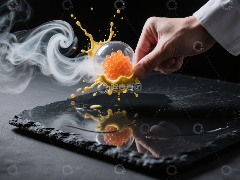 厨师创意料理，烟雾与果酱飞溅瞬间