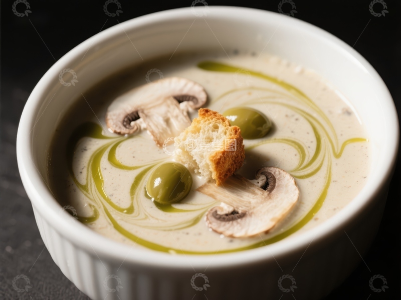 高清大图下载【趣麦麦图】奶油蘑菇汤配橄榄和面包片