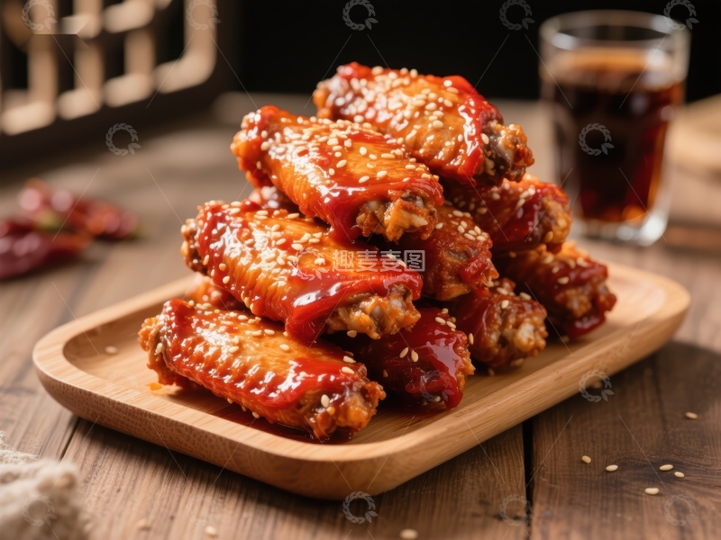 高清大图下载【趣麦麦图】酱烤鸡翅配可乐，美味诱人