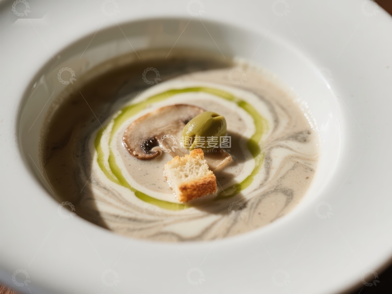 高清大图下载【趣麦麦图】奶油蘑菇汤配橄榄与面包丁