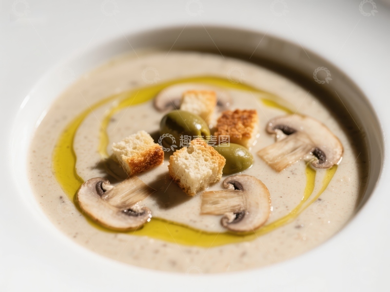 高清大图下载【趣麦麦图】奶油蘑菇汤配橄榄和面包丁