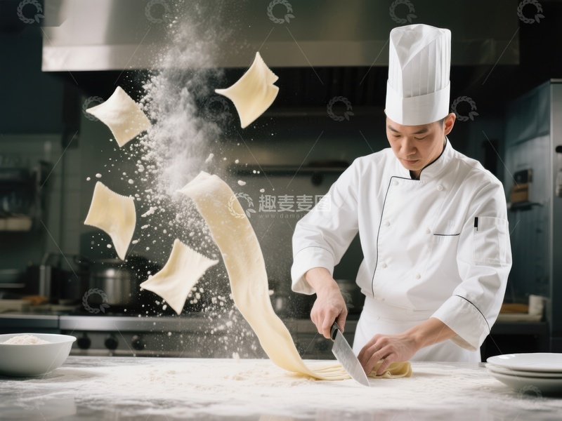 高清大图下载【趣麦麦图】厨师专注制作拉面，面粉飞扬