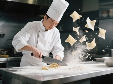 厨师挥刀切面，面粉飞溅瞬间
