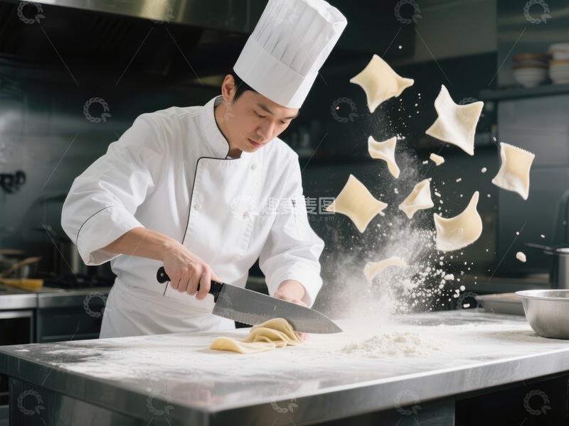 高清大图下载【趣麦麦图】厨师挥刀切面，面粉飞溅瞬间