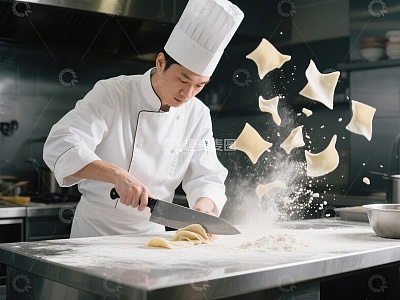 厨师挥刀切面，面粉飞溅瞬间