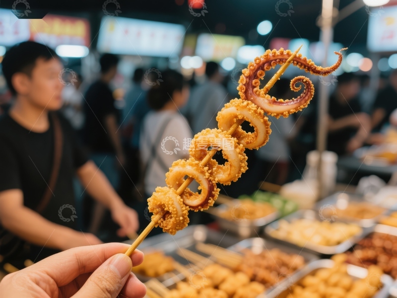 高清大图下载【趣麦麦图】夜市烤鱿鱼串，诱人美食特写