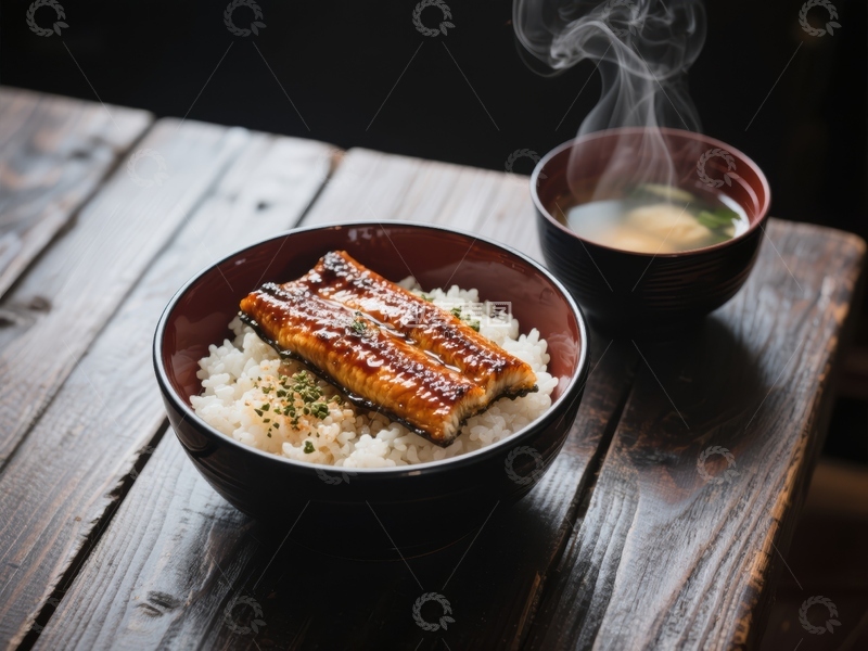 高清大图下载【趣麦麦图】热腾腾的鳗鱼饭与茶碗
