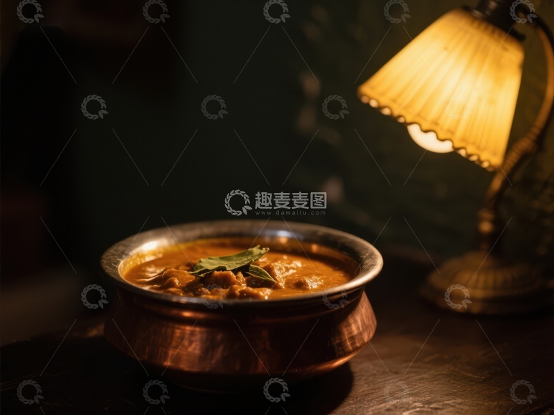 高清大图下载【趣麦麦图】铜碗中的香浓汤品，暖灯映衬