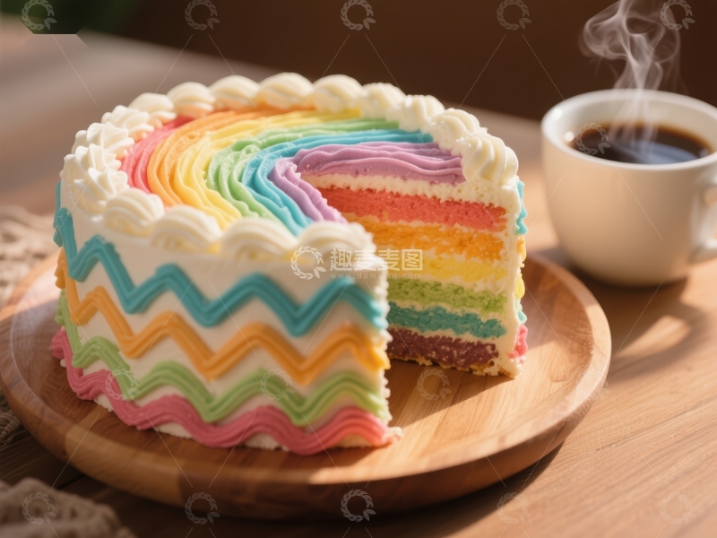 高清大图下载【趣麦麦图】彩虹蛋糕与热饮的温馨搭配