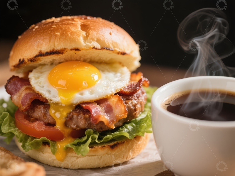 高清大图下载【趣麦麦图】早餐汉堡配煎蛋与热咖啡