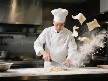 厨师挥刀切面，面粉飞扬瞬间