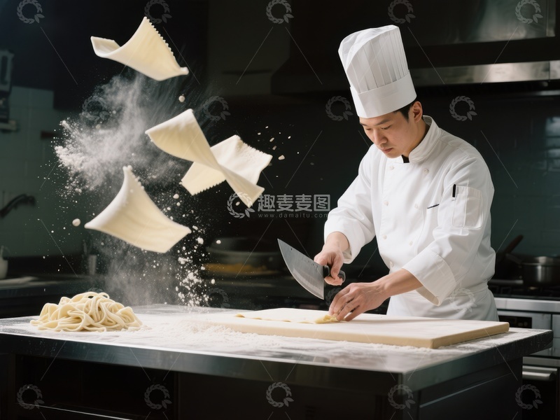 高清大图下载【趣麦麦图】厨师挥刀切面，面粉飞溅瞬间