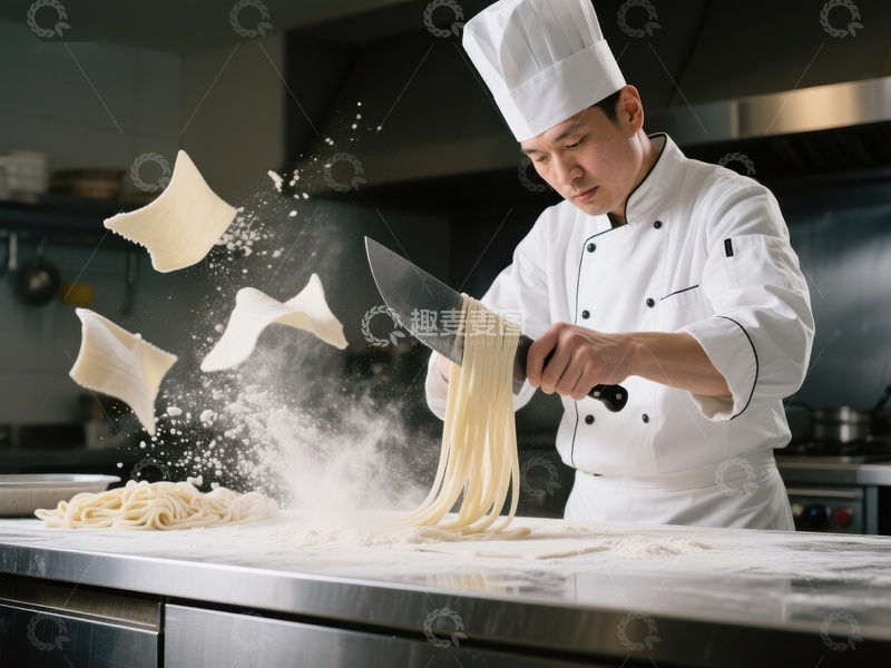 高清大图下载【趣麦麦图】厨师挥刀切面，面粉飞扬瞬间